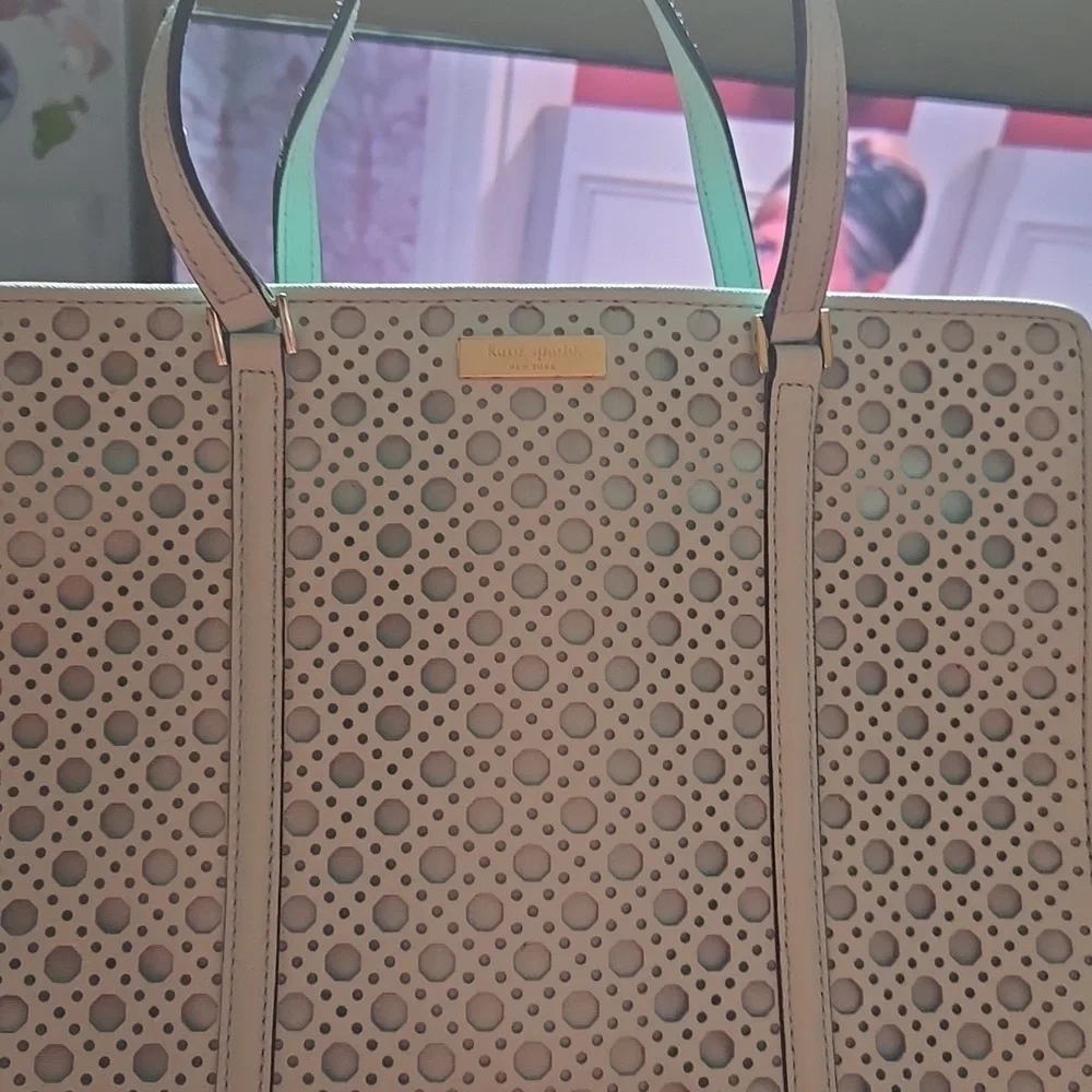Kate Spade Aqua Blue Geometric Cutout Tote, EUC
